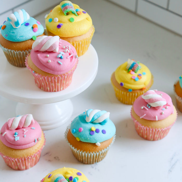 6 PARTY Cupcakes Vanilla PINK BLUE & YELLOW
