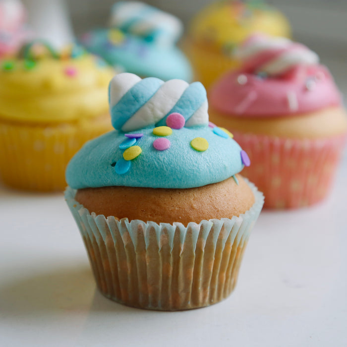 6 Vanilla Cupcakes with Blue Icing